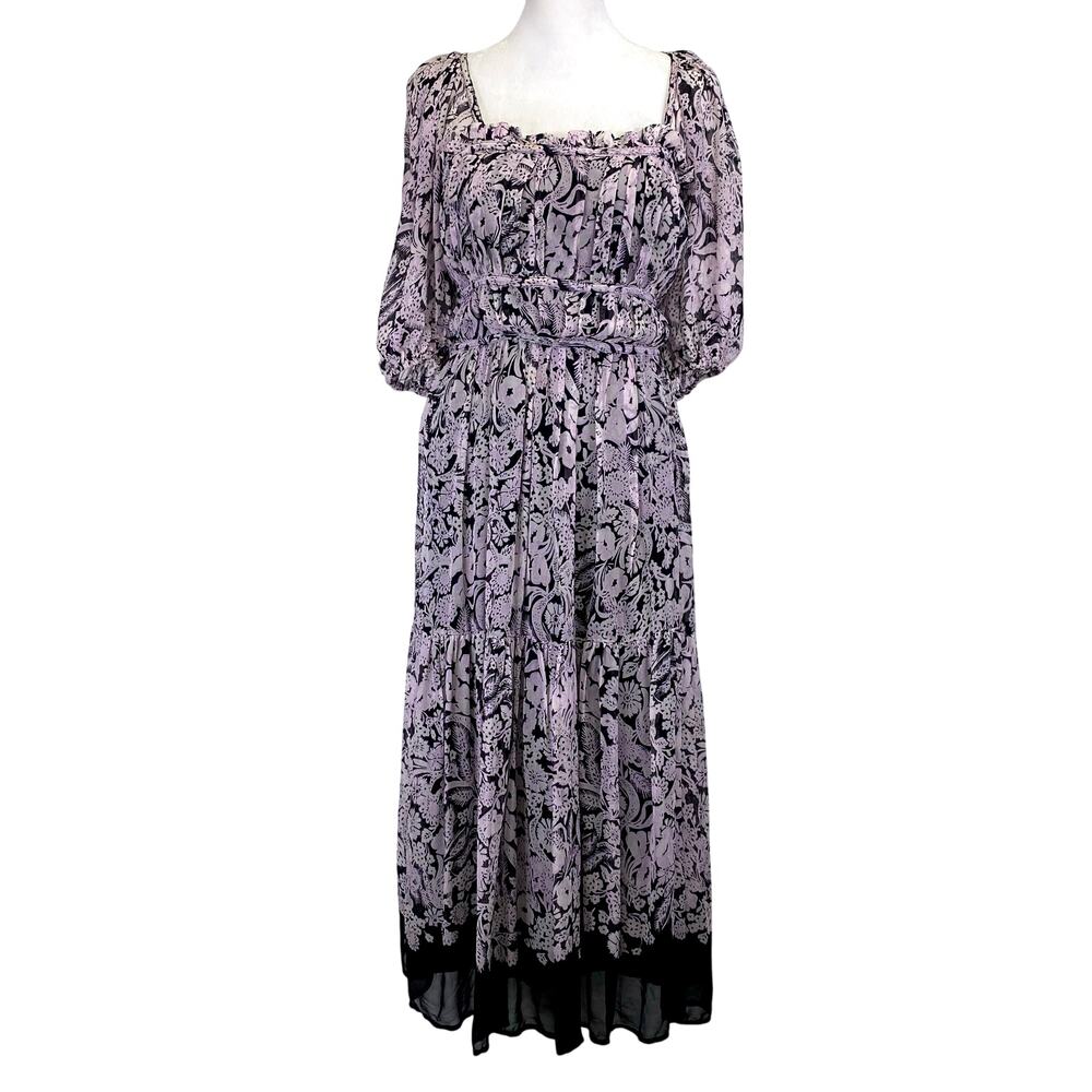Squareneck Smocked Midi Dress Black & Pink Floral Puff Sleeve Sz M Anthropologie